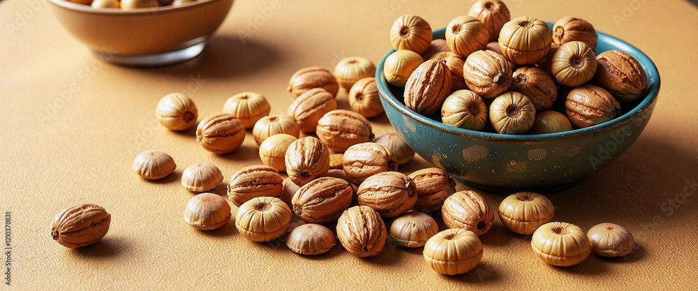 Poster a pile of nuts with some of them open. the nuts are scattered on a wooden surface. concept of abunda
