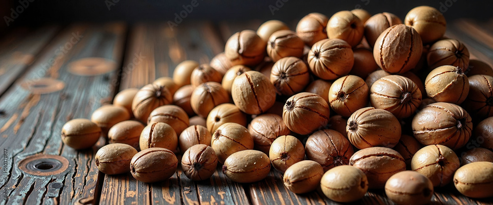 Poster a pile of nuts with some of them open. the nuts are scattered on a wooden surface. concept of abunda