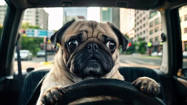 Cute pug dog sitting in the driver seat with paws on the steering wheel. Funny pet driving in a busy urban city, traffic lights and cars. Funny pug dog driving the car concept. Animal in car
