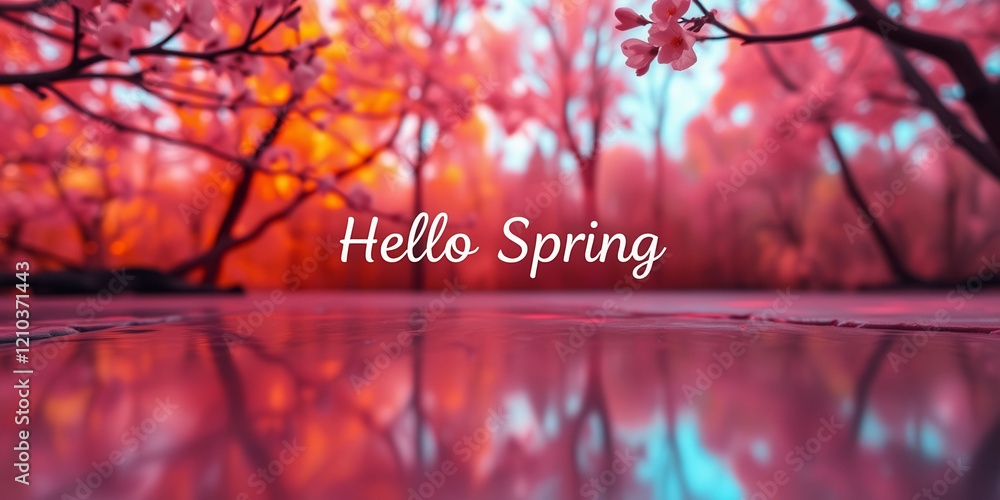Poster a beautiful pink background with trees and a pink word that says hello spring. the background is a r
