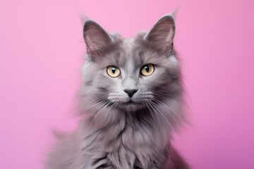 Portrait of a cute nebelung cat in front of solid pastel color wall