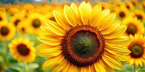 Obraz premium Close-up of a single sunflower head with dark centers and bright yellow petals in a repeating pattern, design, illustration, botanical, nature, sunflower