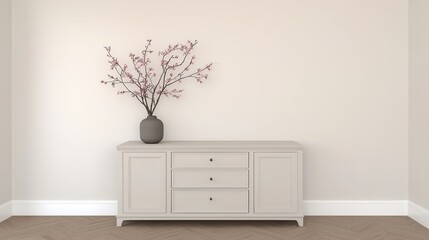 Minimalist room, light beige sideboard, pink blossoms, hardwood floor, interior design