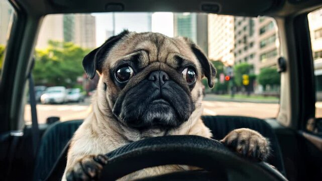 Cute pug dog sitting in the driver seat with paws on the steering wheel. Funny pet driving in a busy urban city, traffic lights and cars. Funny pug dog driving the car concept. Animal in car