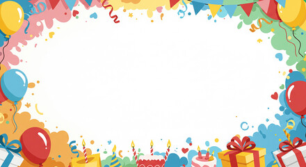 Fototapeta premium Festive Birthday Party Background Balloons Cakes Gifts and Confetti Border