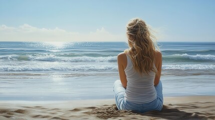 A lonely woman sitting on the sandy beach, gazing at the calm ocean waves.