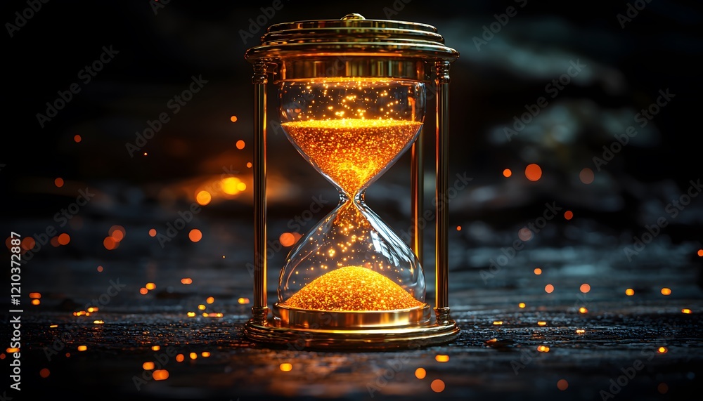 Poster enchanted hourglass with glowing sand particles surrounded by soft bokeh lights creating a magical a