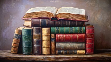 Vintage Style Books Stacked on Wooden Shelf, Displaying Old Leather Covers and Pages, Perfect for Literary Themes and Home Decor Inspiration