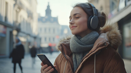 Woman listening music from a smart phone in the street. Woman listening wireless music with headphones from a smart phone in the street