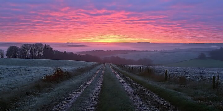 Pink sunrise over misty countryside lane.