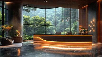 Luxury hotel lobby reception, jungle view
