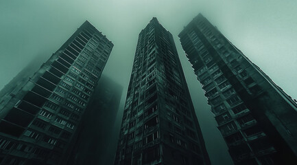 Very old tall buildings some are in ruins, dark sky, pollution outside that window