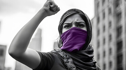 black and white photo with an empowered young woman with a purple scarf covering her face, with her fist raised against the background of a city, highlighting diversity and feminist strength