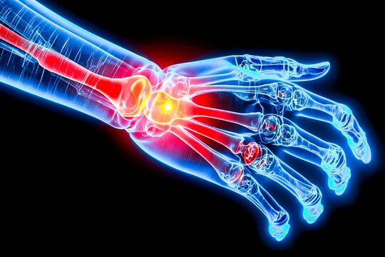 X-ray image shows bone and joint problems in red
