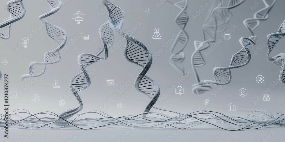 Poster a series of dna strands are shown in a spiral pattern. the strands are surrounded by various icons, 
