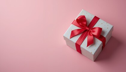 Fototapeta premium Gift Box Red Ribbon Present Pink Background Holiday Surprise