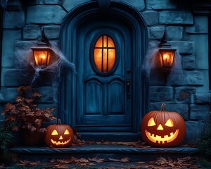 Obraz premium Halloween pumpkins on porch steps, spooky night scene.