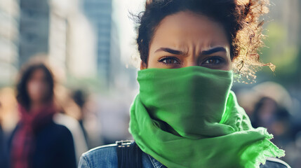 an empowered African American woman with a green scarf covering her face with a blurred city background, highlighting diversity and feminist strength