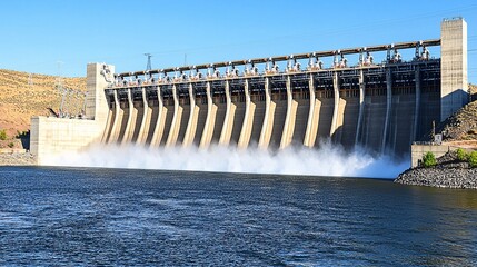 capture of a hydroelectric dam releasing water, showcasing the power generation and environmental impact on the river ecosystem Electricity generation.Effects. 