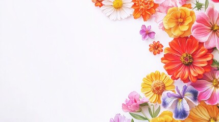 Fototapeta premium Colorful flowers arranged on white background, leaving space for text or design.