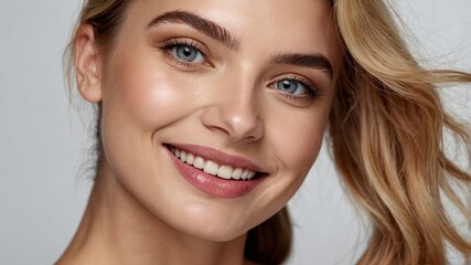 Obraz premium Smiling woman with beautiful hair and glowing skin poses against a light background