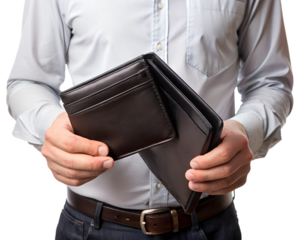businessman holding a wallet with money isolated on white background. Transparent PNG