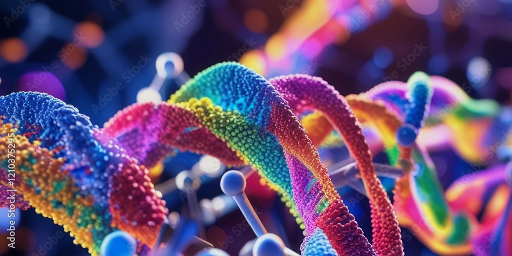Poster a colorful dna strand with a rainbow of colors. the strand is twisted and has a lot of different col