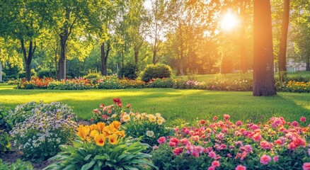 Obraz premium Beautiful garden with a variety of colorful flowers and trees under a bright sunlight