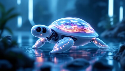 Futuristic robotic turtle in neon jungle environment