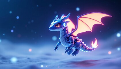 Robotic dragon with neon wings in mystical night sky