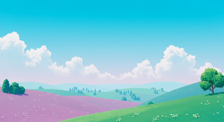 Obraz premium Idyllic Cartoon Landscape Rolling Hills Lush Meadows Sunny Sky