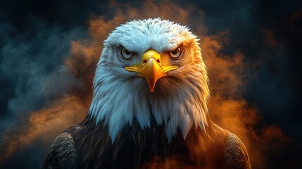 Majestic Bald Eagle, fiery smoke, intense gaze, nature power