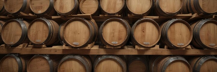 Fototapeta premium Close-up of wooden wine barrels arranged in triangle shape, close-up, vintage, winery, storage