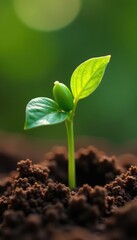 Tiny pea sprout pushing through rich brown soil, delicate green shoot , pea, macro