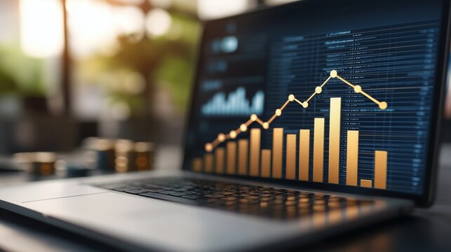 Visual representation of growth trend with golden staircase displayed on laptop screen in modern workspace