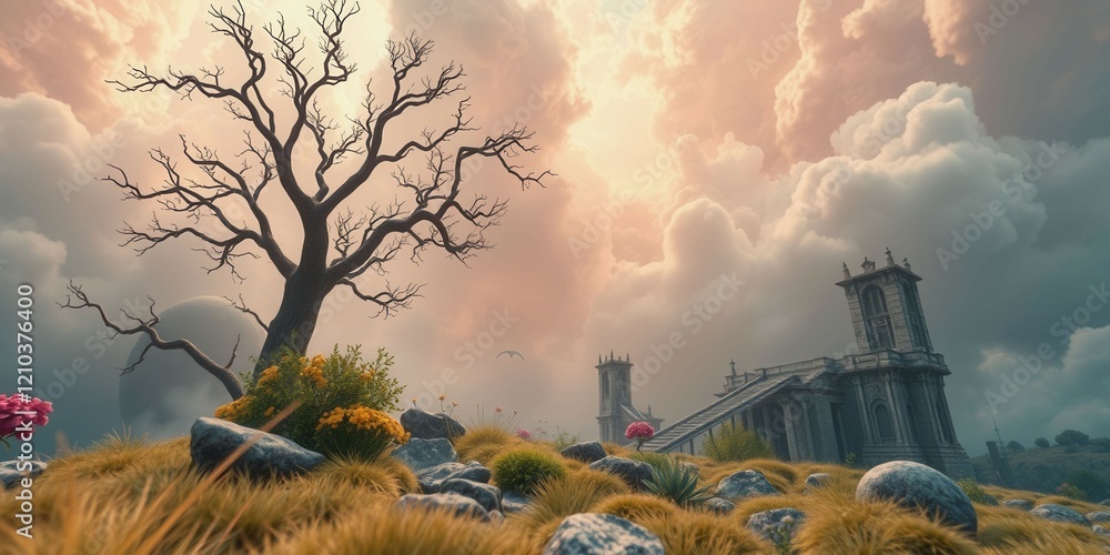 Poster a desolate landscape with a large tree and a castle in the distance. the sky is cloudy and the sun i
