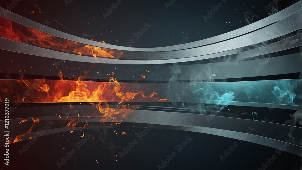 Poster abstract representation of fire and ice elements contrasting on a dark background with smooth lines 