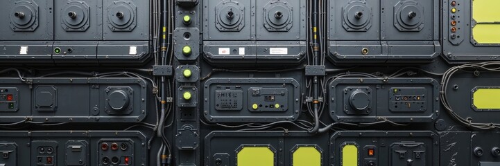 Sci fi control panel with switches buttons knobs and wires for spaceship or vehicle
