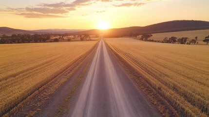 Naklejka premium Sunset over a Long Dirt Road Cutting Through Golden Wheat Fields Landscape View