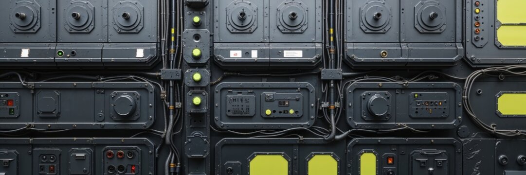Sci fi control panel with switches buttons knobs and wires for spaceship or vehicle
