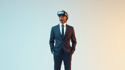 A man wearing VR glasses stands confidently in a suit on a white background. He engages with virtual elements, embodying the intersection of technology and professionalism.