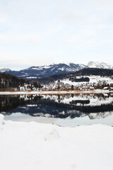 Hallstattersee lake with snow mountain in winter in Hallstatt Austria