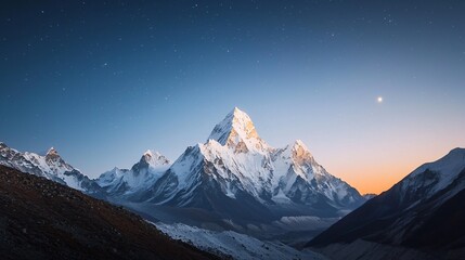 Elevated View of Snow-Covered Himalayas Breathtaking Nightscape Under a Starry Sky in Serene Environment