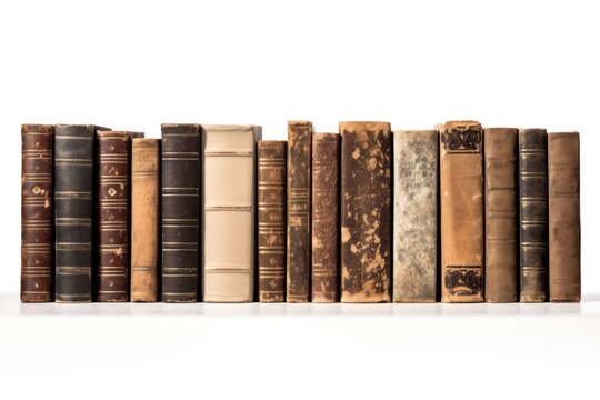 Varying ages and designs of the spines of old books publication library white background