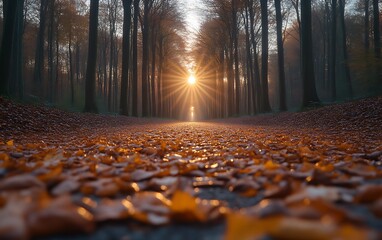 Sun rays through autumn trees on path.