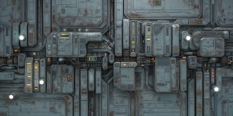 Grimy sci fi metal wall texture with tubes lights and intricate paneling detail