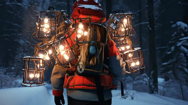 An unusual traveler with a large backpack, on which hang old lanterns of a bizarre shape with a warm light, walks through a snowy dark forest. Concept of the time of hope.