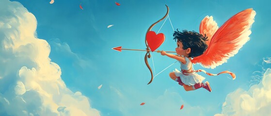 Cartoon-style cupid shooting arrows across a blue sky.