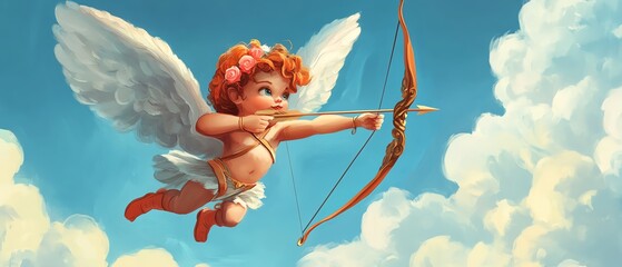 Cartoon-style cupid shooting arrows across a blue sky.