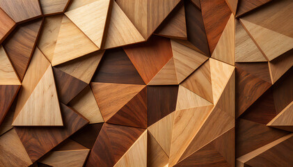 Geometric Wooden Panel: Captivating geometric wood panel, a harmonious blend of various wood tones and angled planes, creating an alluring surface